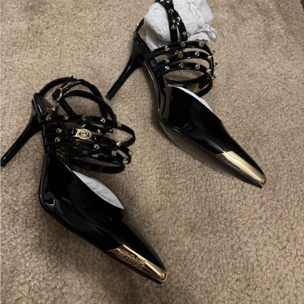 Black Patent Leather Studded Heels